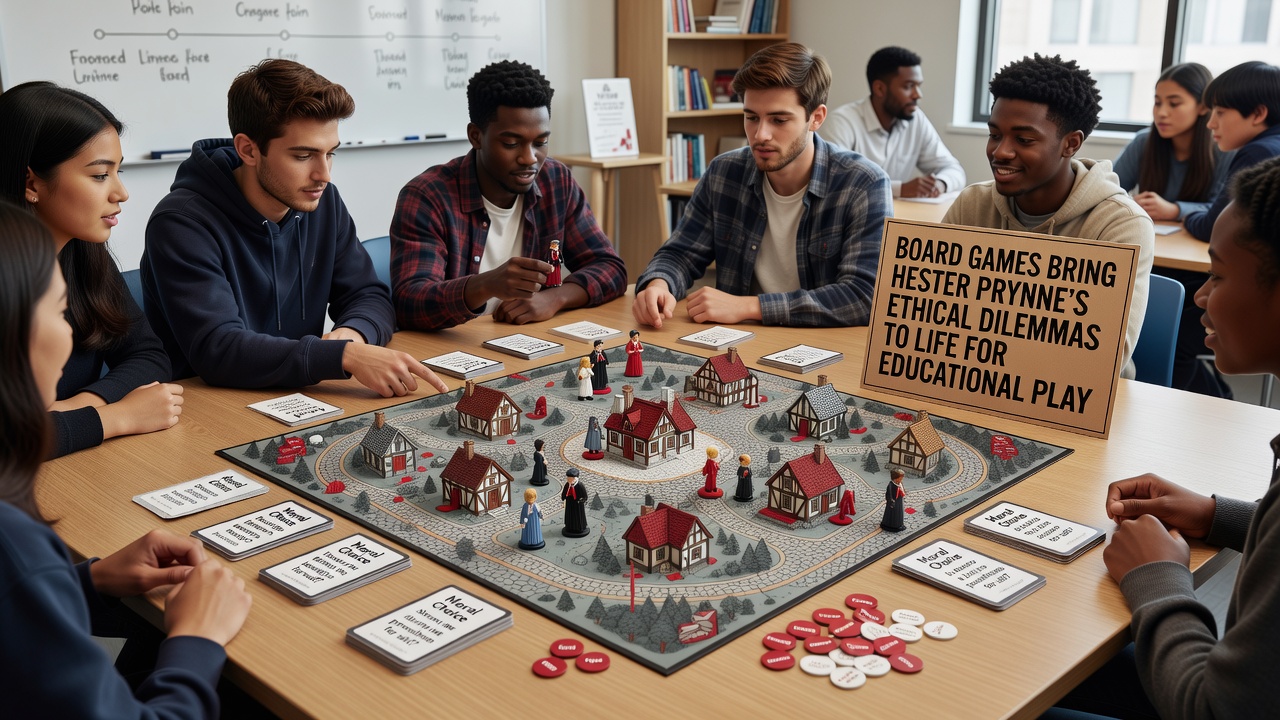 Classroom scene with students gathered around a Hester Prynne themed board game during an educational session