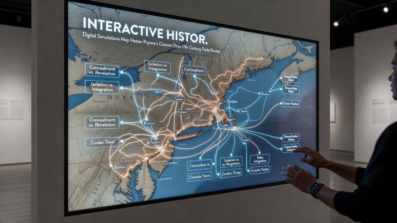 Students engaging with an interactive history module that plots narrative decisions along historical trade paths from the 1600s